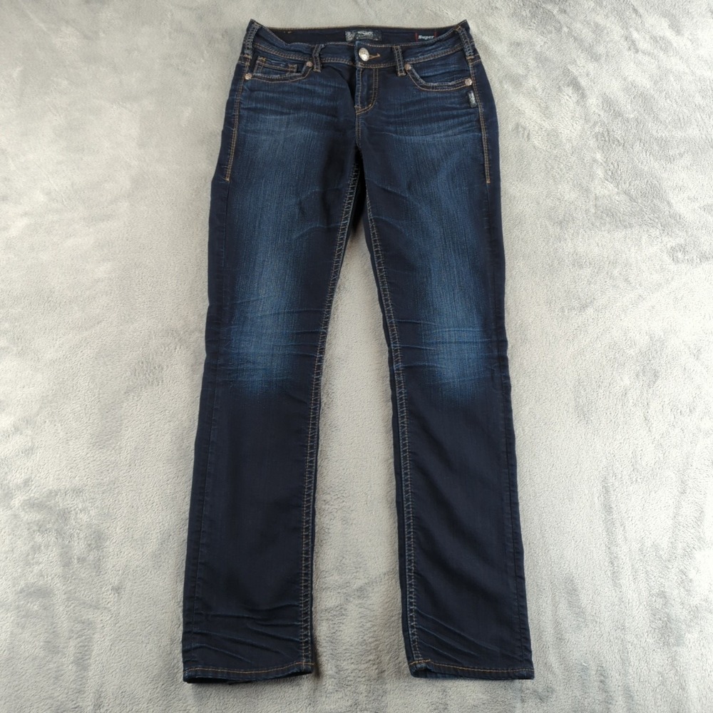 Silver Jeans Suki Mid Straight Jeans Womens 28 Super Stretch Distressed Denim